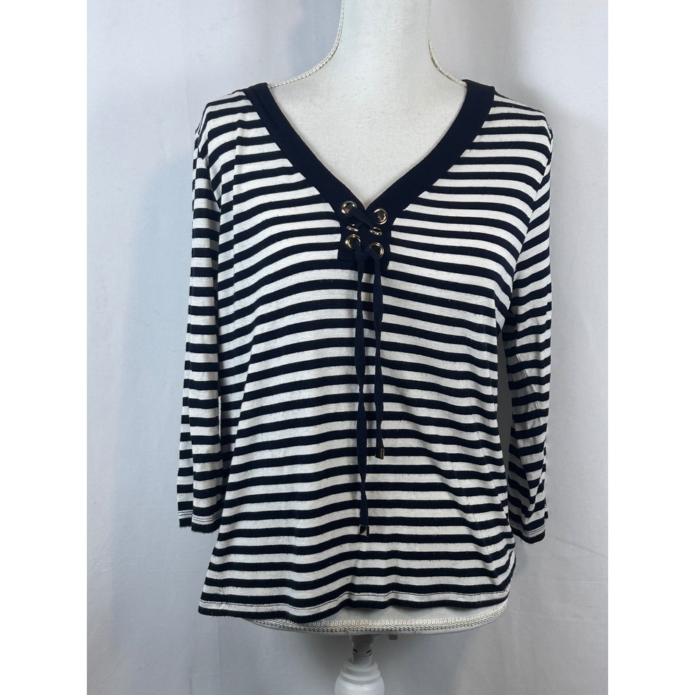 Ellen Tracy Top Womens Large Navy Blue Excellent Lace Up V-Neck Striped Knit